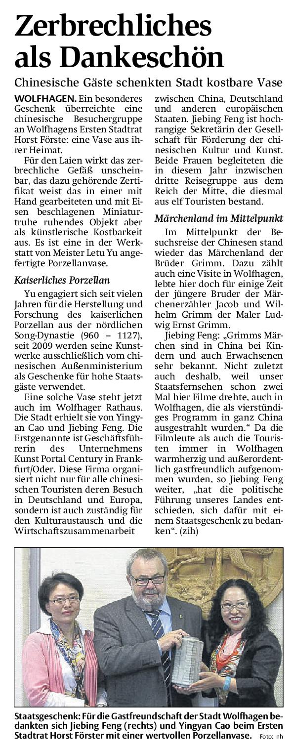 Chinesische Gäste schenkten Wolfhagen kostbare Vase